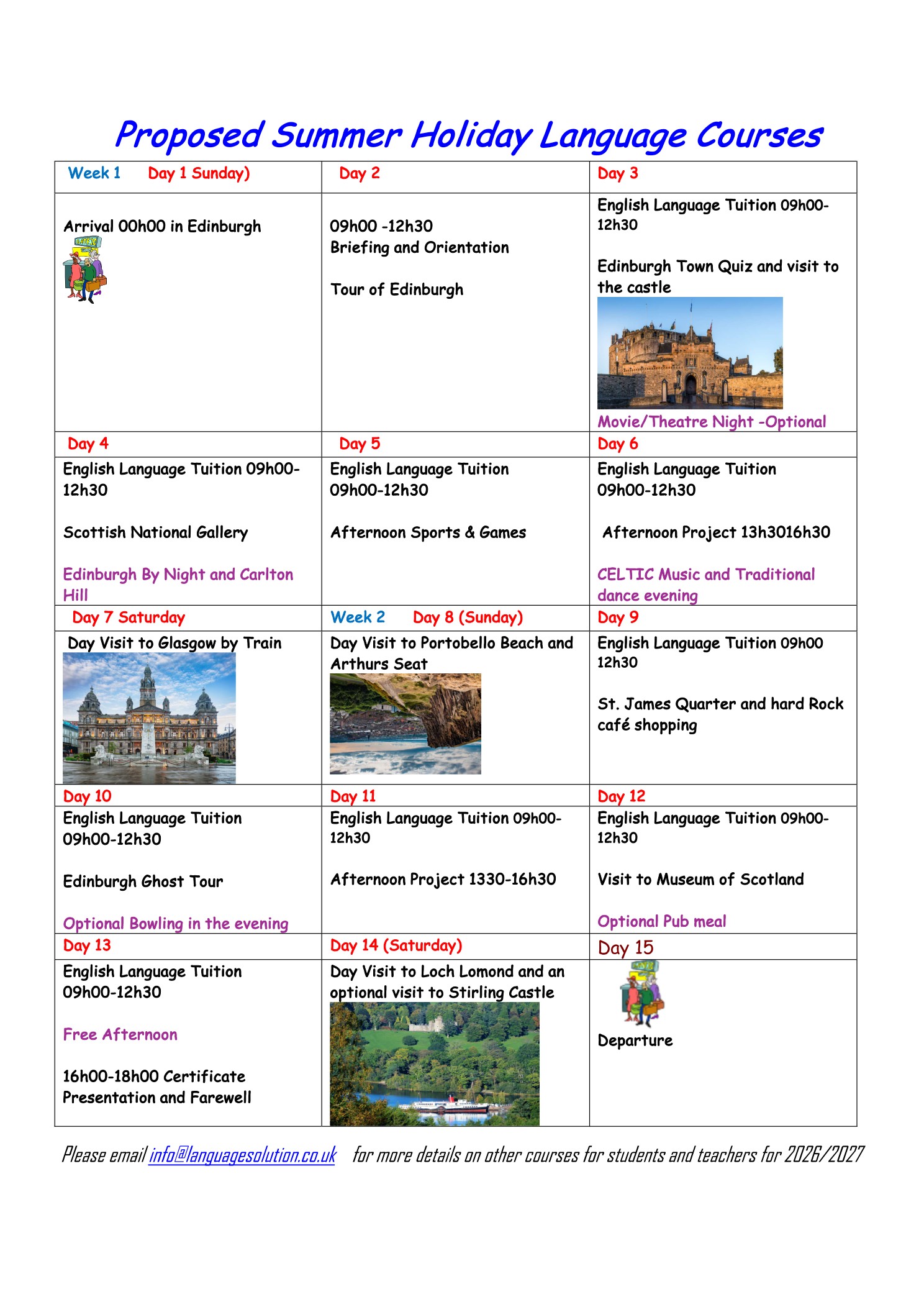 Proposed Summer Holiday Language Courses programme