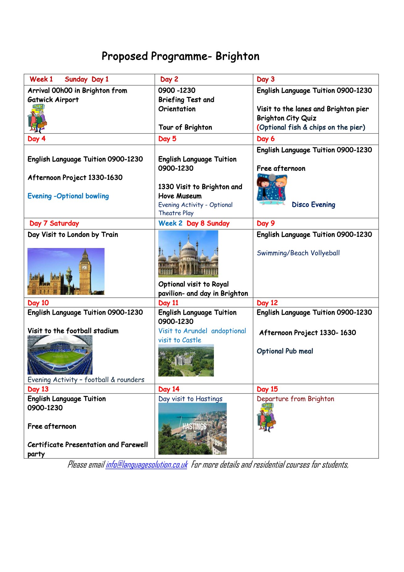 Proposed programme for the Brighton language course