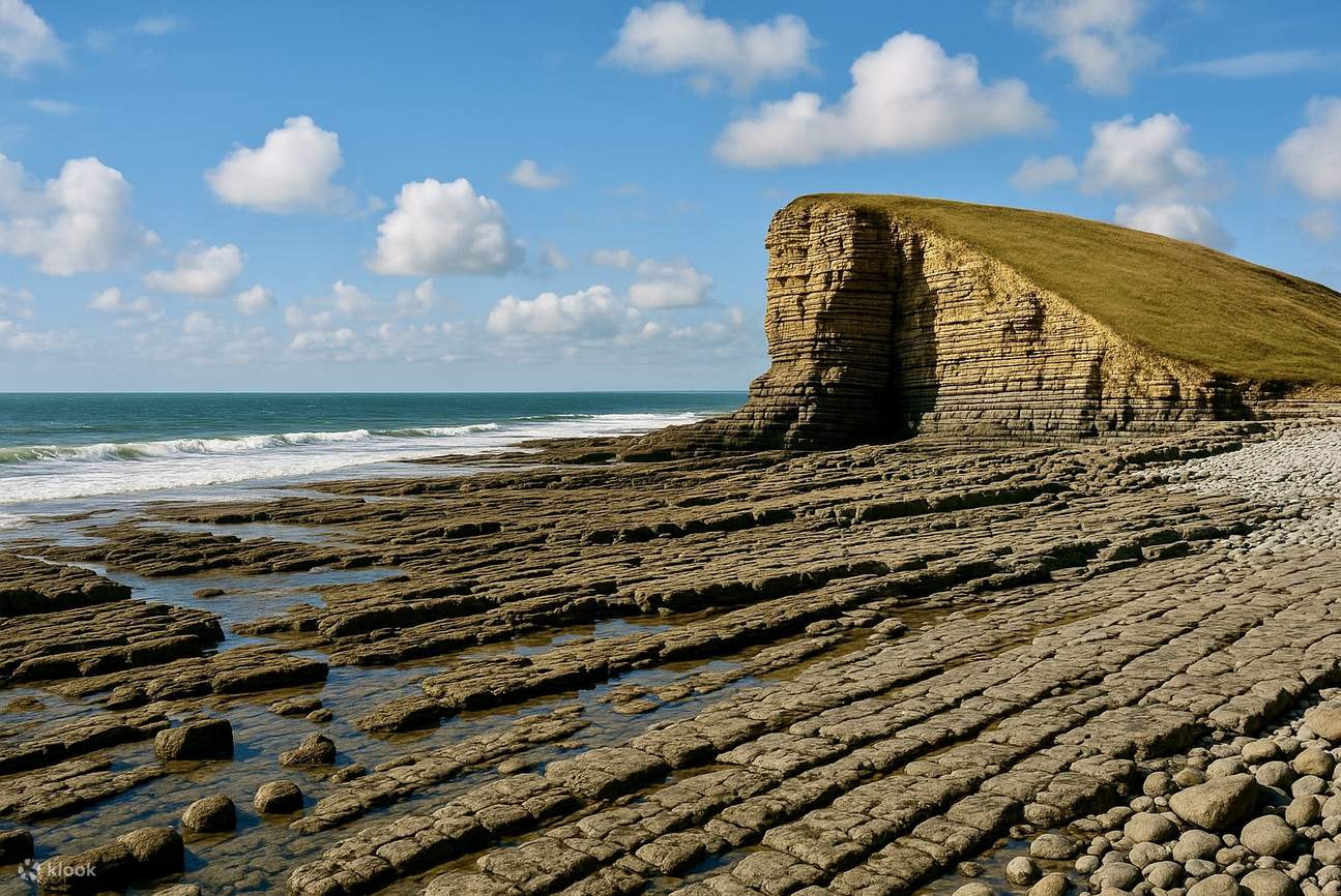 The limestone sea stack and rocky shore at Dunraven Bay on the Glamorgan Heritage Coast near Cardiff