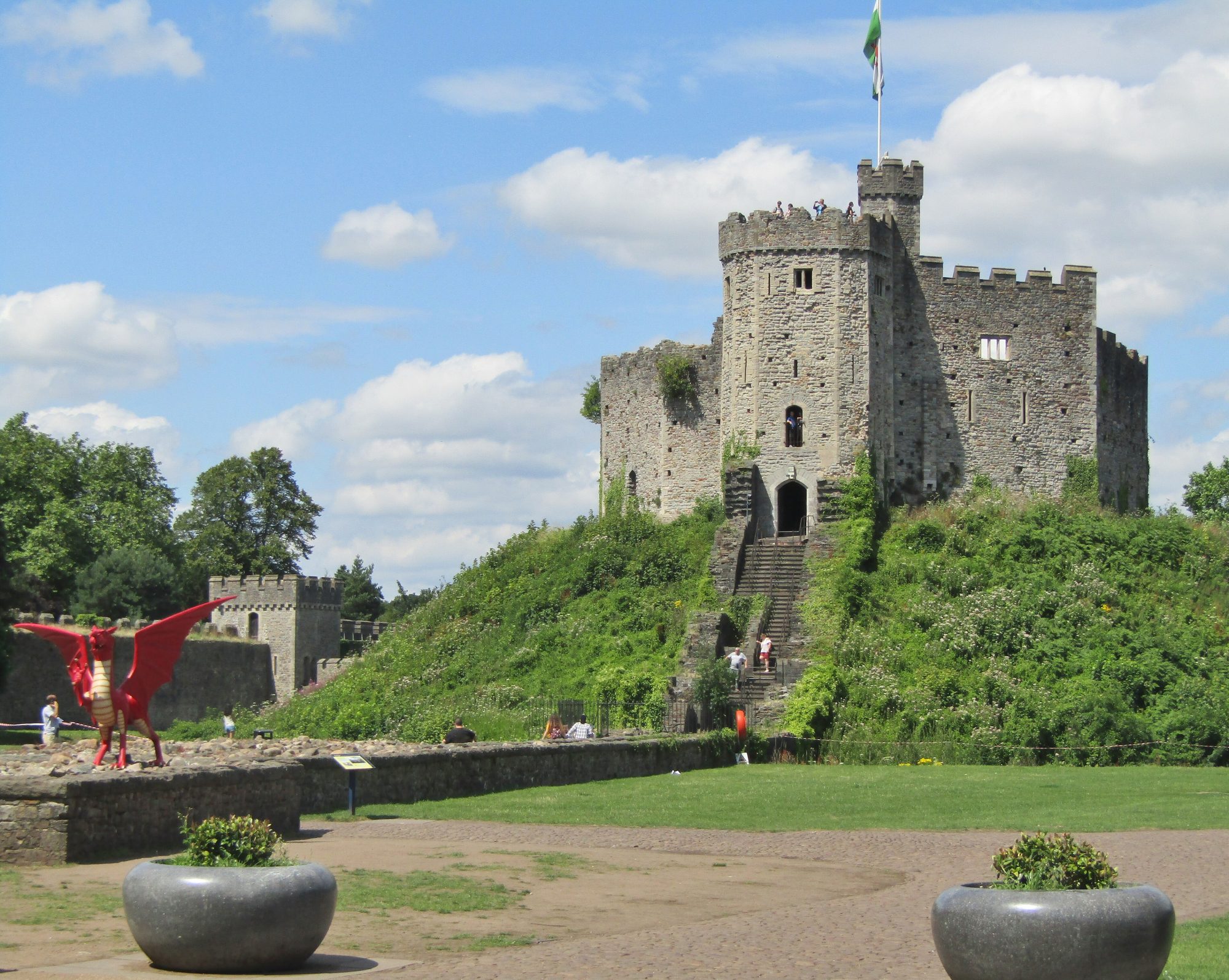 The Norman keep of Cardiff Castle on its grassy mound