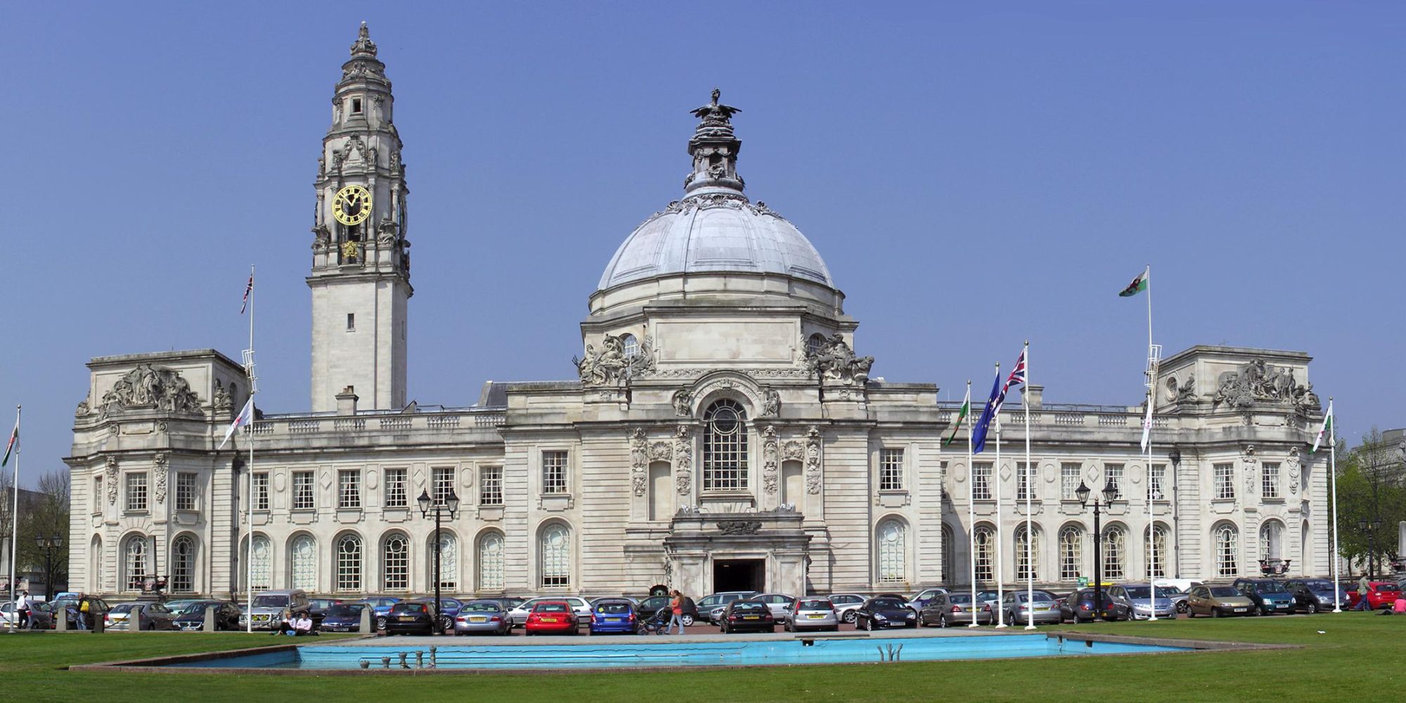 Cardiff City Hall with its clock tower and dome