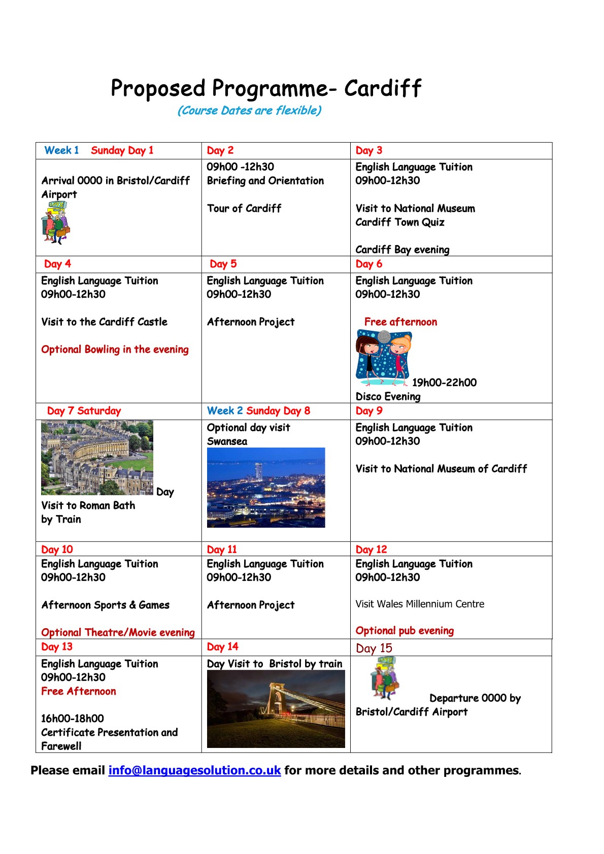 Proposed Holiday Language Course programme for Cardiff