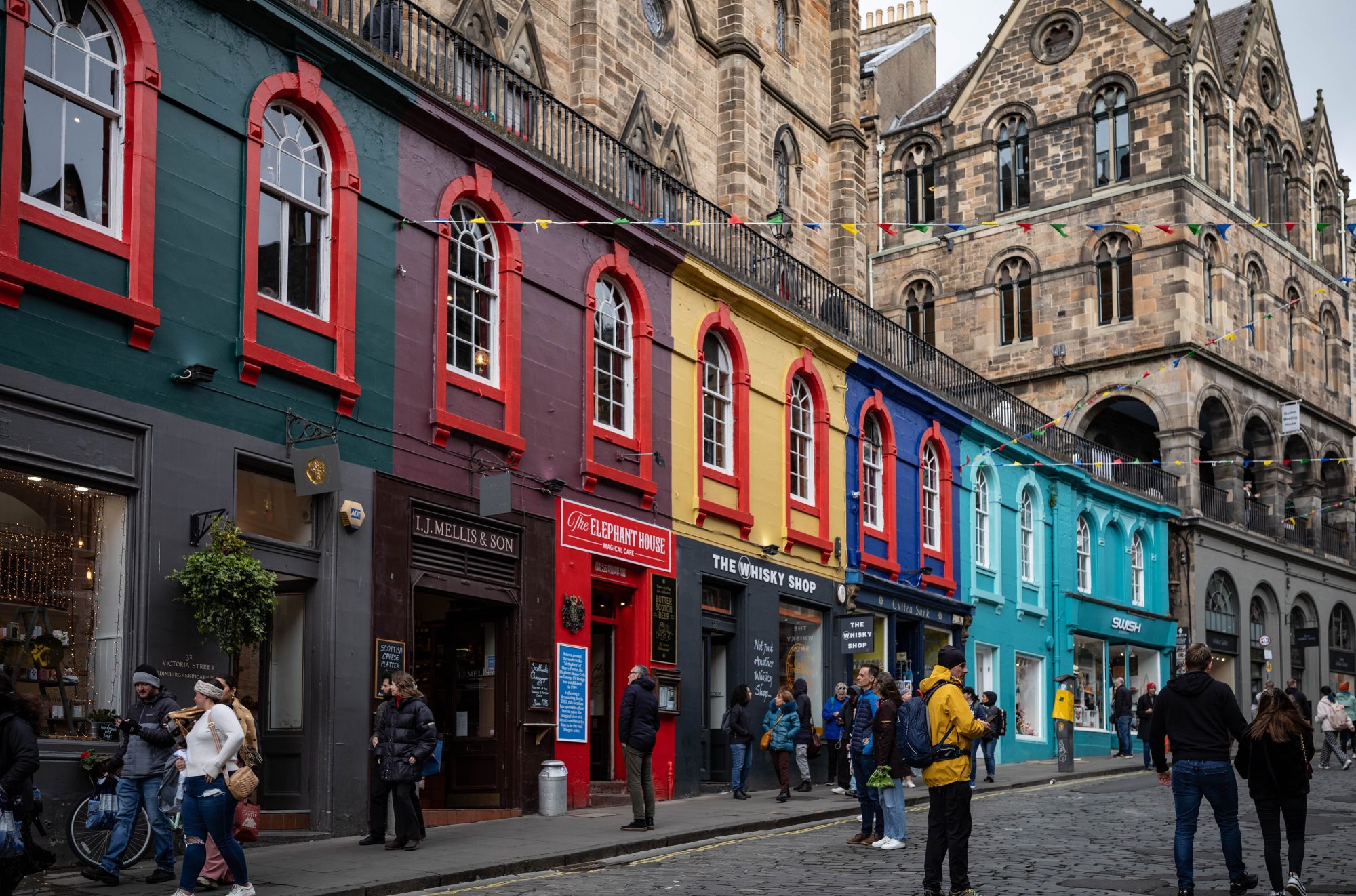 The colourful shopfronts of Victoria Street, Edinburgh