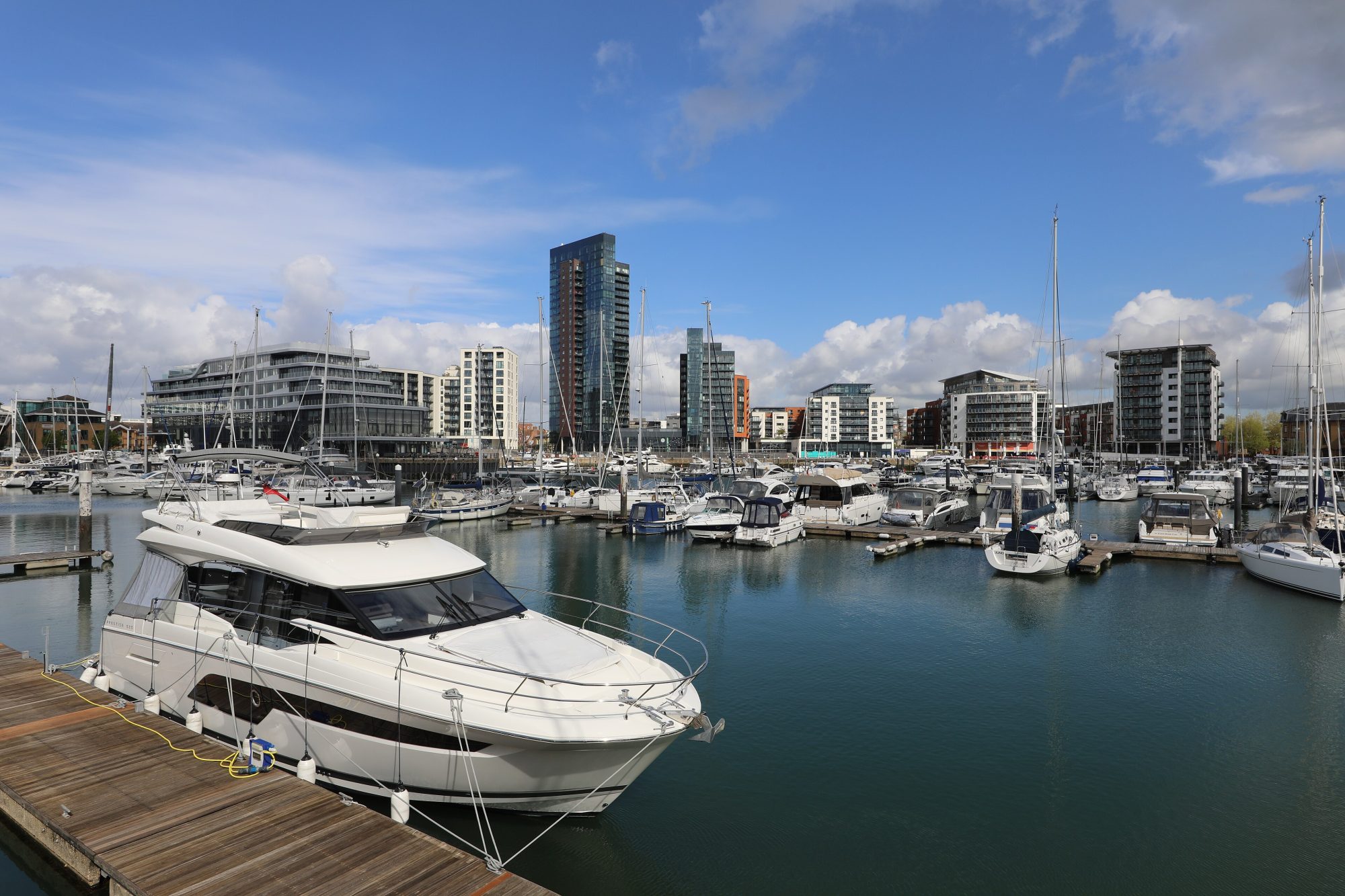 Boats moored in the Ocean Village marina, Southampton