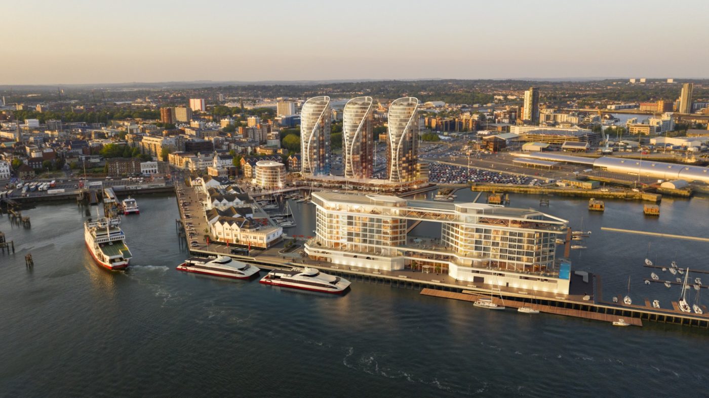 Aerial view of Ocean Village marina and the Moresby Tower buildings in Southampton at sunset