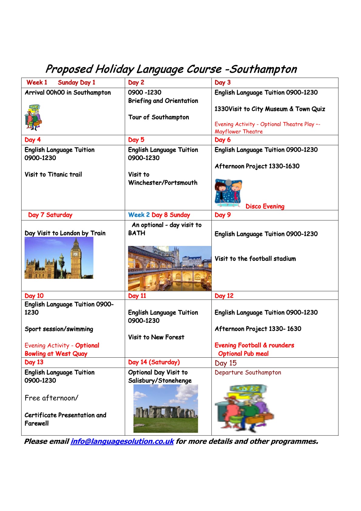 Proposed Holiday Language Course programme for Southampton