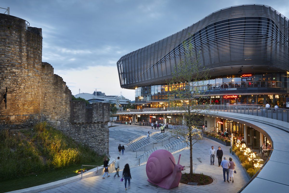 Southampton medieval town walls beside the Watermark WestQuay leisure complex at dusk