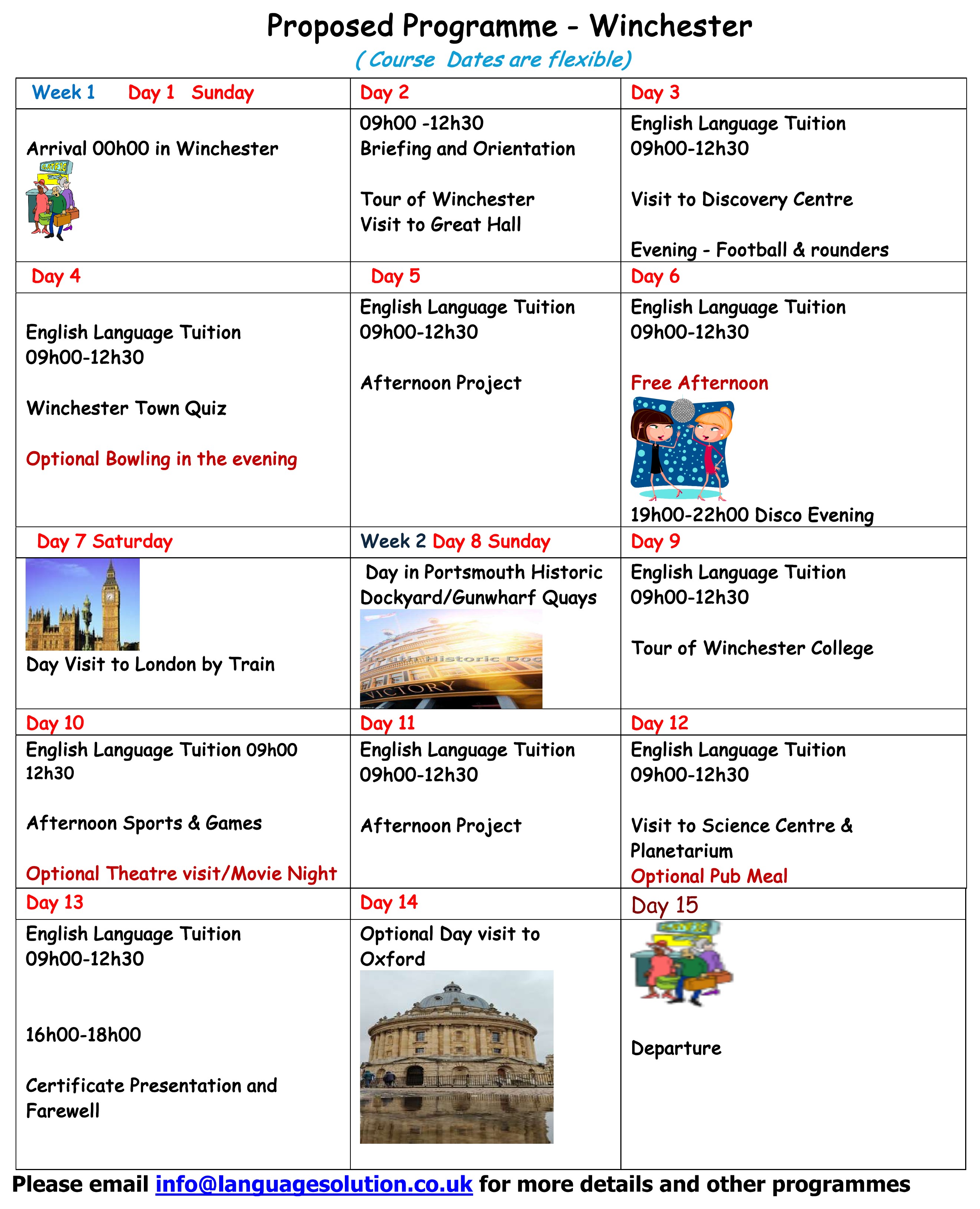 Proposed Winchester summer language course programme